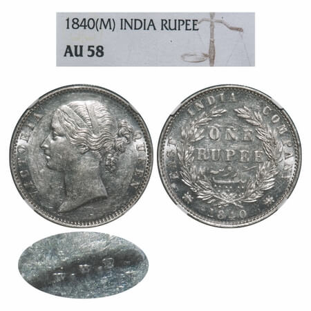 Victoria Queen, Silver, Rupee, 1840, DL, Madras Mint, W.W. B raised, Wreath with 28 Berrie