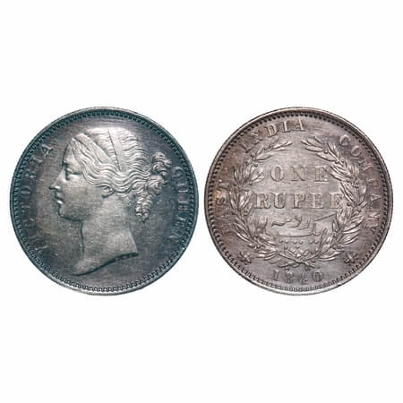 Victoria Queen, Silver, Rupee, 1840, DL, Madras Mint, W.W. 'B' raised, Small B raised, Wre