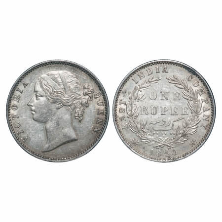 Victoria Queen, Silver, Rupee, 1840, DL, Madras Mint, W.W. 'B' raised, Wreath with 29 Berr