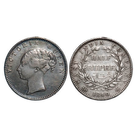 Victoria Queen, Silver, Half Rupee, 1840, CL, Bombay Mint, A/I, English Head, Wreath with 