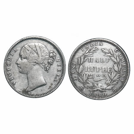 Victoria Queen, Silver, Half Rupee, 1840, DL, Calcutta Mint, .W.W incused, Wreath with 24 