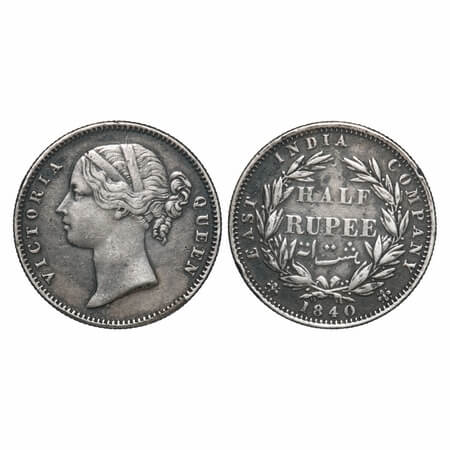 Victoria Queen, Silver, Half Rupee, 1840, DL, Calcutta Mint, .W.W incused, Wreath with 24 