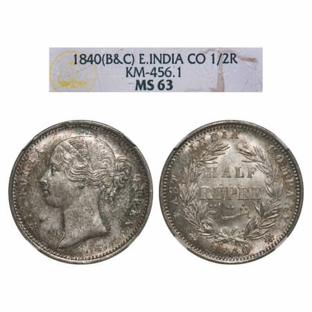 Victoria Queen, Silver, Half Rupee, 1840, DL, Calcutta Mint, .W.W incused, Wreath with 24 