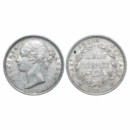 Victoria Queen, Silver, Half Rupee, 1840, DL, Madras Mint, 'S' raised, W.W incused, Wreath