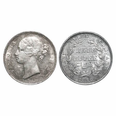 Victoria Queen, Silver, Half Rupee, 1840, DL, Madras Mint, 'S' raised, W.W incused, Wreath