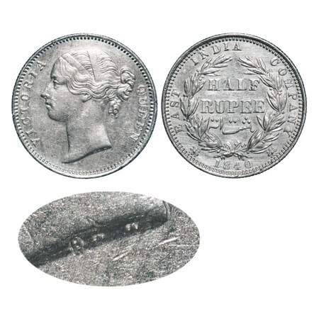 Victoria Queen, Silver, Half Rupee, 1840, DL, Madras Mint, 'B' raised, W.W incused, Wreath