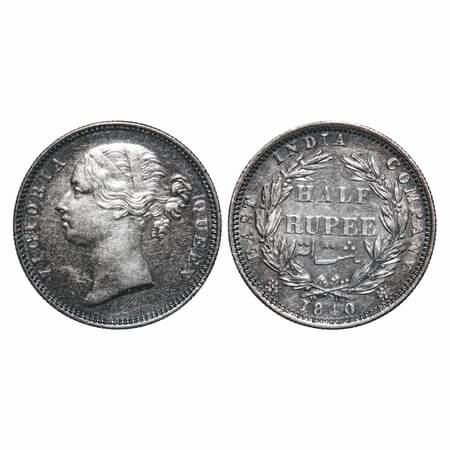 Victoria Queen, Silver, Half Rupee, 1840, DL, Madras Mint, 'B' raised, W.W incused, Initia