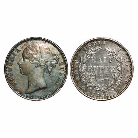 Victoria Queen, Silver, Half Rupee, 1840, DL, Madras Mint, 'B' raised, W.W incused, Initia