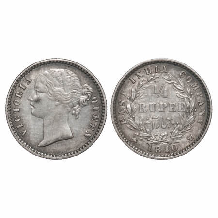 Victoria Queen, Silver, 1/4 Rupee, 1840, DL, Calcutta Mint, W.W. raised, Wreath with 10 Be