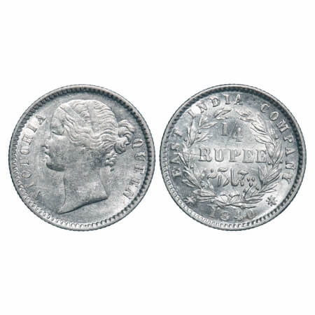 Victoria Queen, Silver, 1/4 Rupee, 1840, DL, Calcutta Mint, W.W. raised, Wreath with 10 Be