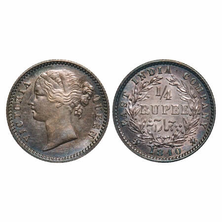Victoria Queen, Silver, 1/4 Rupee, 1840, DL, Calcutta Mint, W.W. raised, Wreath with 10 Be