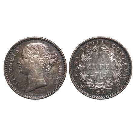 Victoria Queen, Silver, 1/4 Rupee, 1840, DL, Calcutta Mint, W.W. raised, Wreath with 10 Be