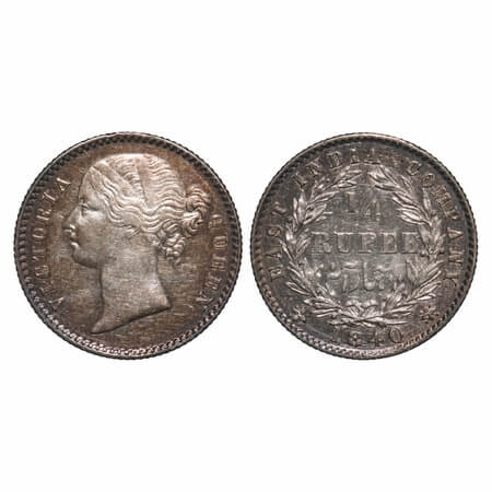 Victoria Queen, Silver, 1/4 Rupee, 1840, DL, Calcutta Mint, W.W. raised, Wreath with 10 Be