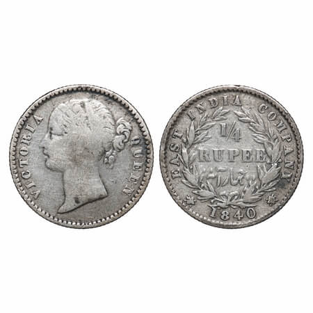 Victoria Queen, Silver, 1/4 Rupee, 1840, DL, Calcutta Mint, W.W. raised, Wreath with 10 Be