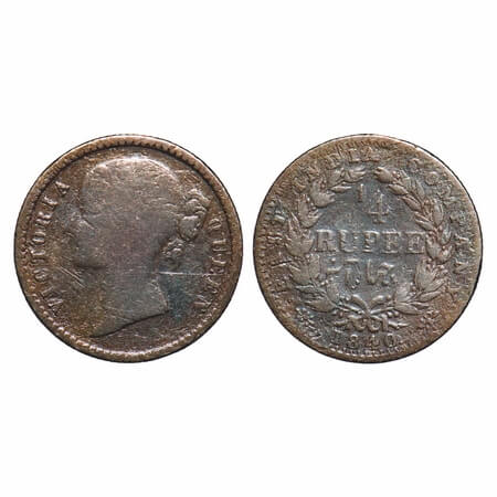 Victoria Queen, Silver, 1/4 Rupee, 1840, DL, Calcutta Mint, W.W. raised, Wreath with 34 Be