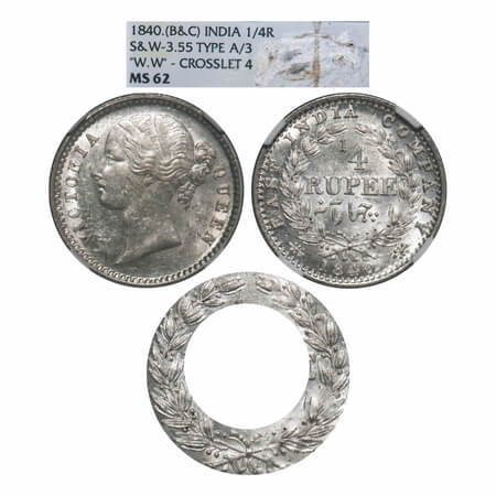 Victoria Queen, Silver, 1/4 Rupee, 1840, DL, Calcutta Mint, W.W. raised, Wreath with 34 Be