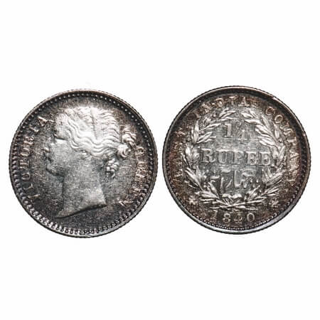 Victoria Queen, Silver, 1/4 Rupee, 1840, DL, Madras Mint, W.W. 'S' raised, Wreath with 10 