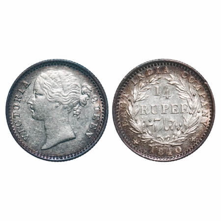 Victoria Queen, Silver, 1/4 Rupee, 1840, DL, Madras Mint, W.W. 'S' raised, Wreath with 10 