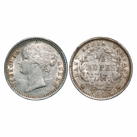 Victoria Queen, Silver, 1/4 Rupee, 1840, DL, Madras Mint, W.W. 'S' raised, Wreath with 10 