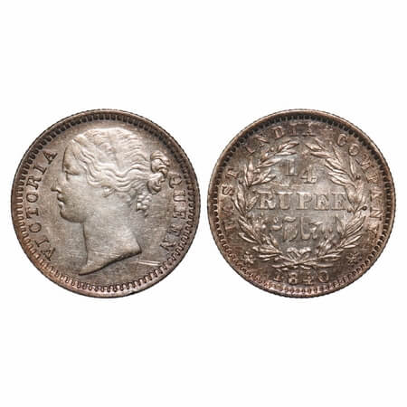 Victoria Queen, Silver, 1/4 Rupee, 1840, DL, Bombay Mint, W.W. 'S' raised, Wreath with 10 
