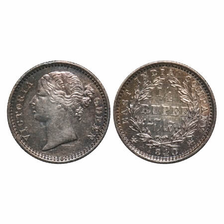 Victoria Queen, Silver, 1/4 Rupee, 1840, DL, Bombay Mint, W.W. 'S' raised, Wreath with 10 