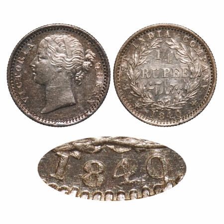 Victoria Queen, Silver, 1/4 Rupee, 1840, DL, Madras Mint, W.W. 'S' raised, Wreath with 10 