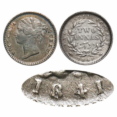 Victoria Queen, Silver, 2 Annas, 1841, DL, Calcutta Mint, W.W. raised, Wreath with 9 Berri