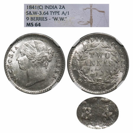 Victoria Queen, Silver, 2 Annas, 1841, DL, Calcutta Mint, W.W. raised, Wreath with 9 Berri
