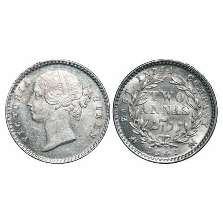 Victoria Queen, Silver, 2 Annas, 1841, DL, Calcutta Mint, W.W. raised, Wreath with 9 Berri