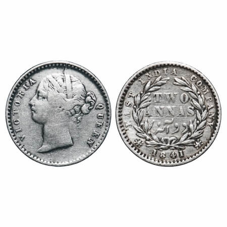 Victoria Queen, Silver, 2 Annas, 1841, DL, Calcutta Mint, W.W. raised, Wreath with 9 Berri