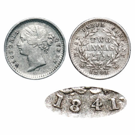 Victoria Queen, Silver, 2 Annas, 1841, DL, Madras Mint, 'S' incused, W.W. raised, Wreath w
