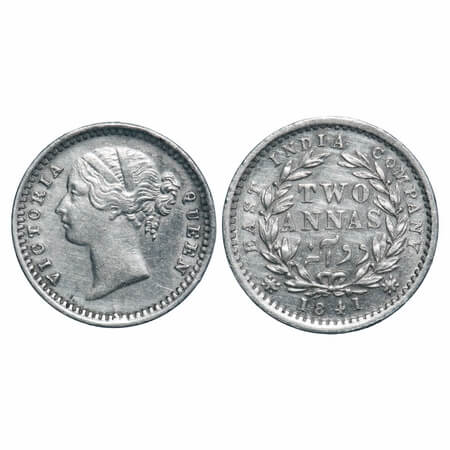 Victoria Queen, Silver, 2 Annas, 1841, DL, Madras Mint, 'S' incused, W.W. raised, Wreath w
