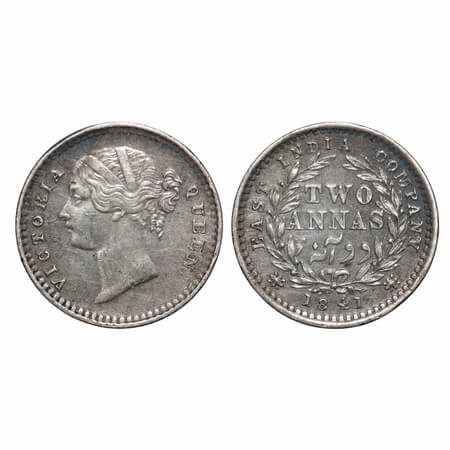 Victoria Queen, Silver, 2 Annas, 1841, DL, Madras Mint, 'S' incused, W.W. raised, Wreath w