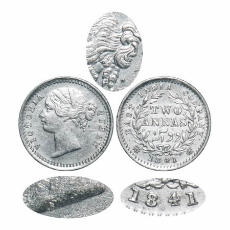 Victoria Queen, Silver, 2 Annas, 1841, DL, Madras Mint, W.W. raised, 'S' incused, Wreath w