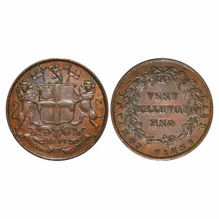 Victoria Queen, Copper, Quarter Anna, 1857, R. Heaton & Sons, Birmingham Mint, Wreath top 