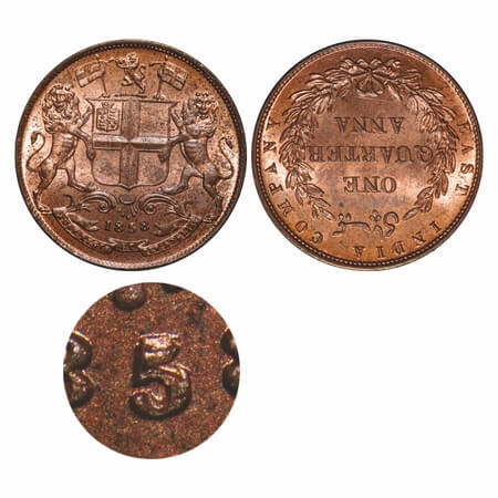 Victoria Queen, Copper, Quarter Anna, 1858, J. Watt & Co., Birmingham Mint, Wreath top tip