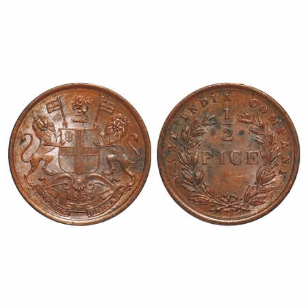 Victoria Queen, Copper, 1/2 Pice, 1853, Calcutta Mint, B/I, Elongated beads above year num