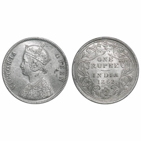 Victoria Queen, Silver, Rupee, 1862, Calcutta Mint, A/II(i), With initial 'J'. F. Prid 62.