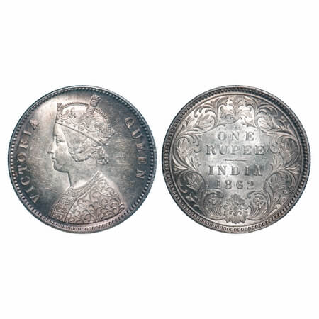 Victoria Queen, Silver, Rupee, 1862, Calcutta Mint, A/I, With initial 'J', Mechanical die