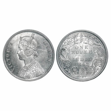 Victoria Queen, Silver, Rupee, 1862, Calcutta Mint, A/I, With initial 'J'. F. Prid 66. GK 