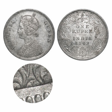 Victoria Queen, Silver, Rupee, 1862, Calcutta Mint, A/I, With initial 'J', Mechanical die 