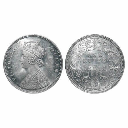 Victoria Queen, Silver, Rupee, 1862, Calcutta Mint, A/I, w/o initial 'J', Ghost on Obv. F.