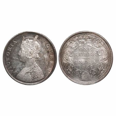 Victoria Queen, Silver, Rupee, 1862, Madras Mint, B/II, w/o enclosed frame effect & w/o Re