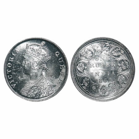 Victoria Queen, Silver, Rupee, 1862, Madras Mint, B/II, w/o enclosed frame effect, w/o Re-