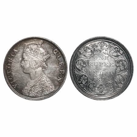 Victoria Queen, Silver, Rupee, 1862, Madras Mint, B/II, Small and normal year numerals 186