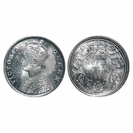 Victoria Queen, Silver, Rupee, 1862, Madras Mint, B1/II, w/o enclosed frame effect, Bust E