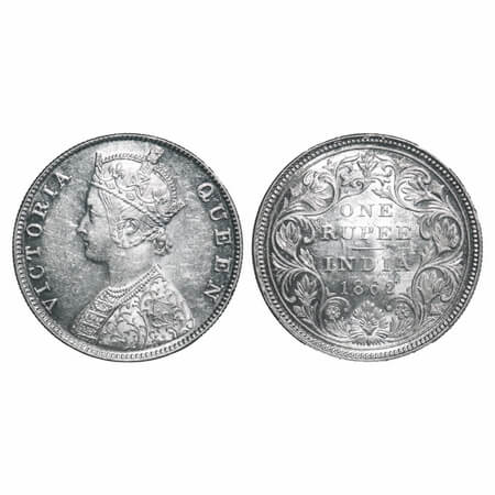 Victoria Queen, Silver, Rupee, 1862, Madras Mint, B1/II, w/o enclosed frame effect, 'E' bu