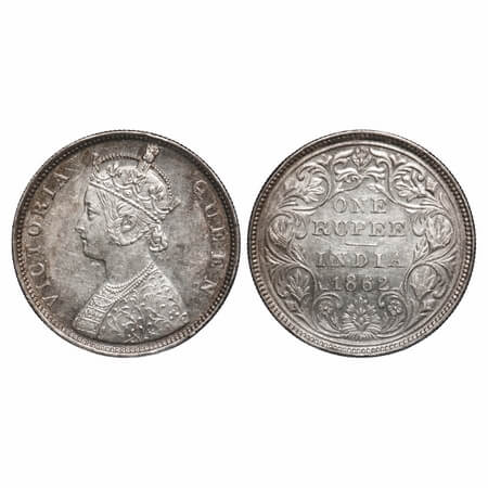 Victoria Queen, Silver, Rupee, 1862, Bombay Mint, B/II, Large & thick year numerals 1862. 