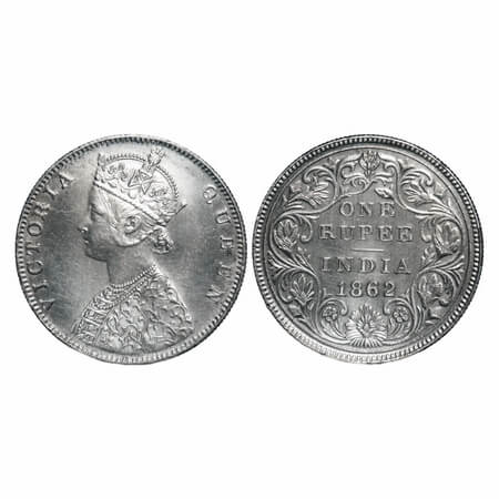 Victoria Queen, Silver, Rupee, 1862, Bombay Mint, D/II, Queens jabot has 5 panels, The Obv