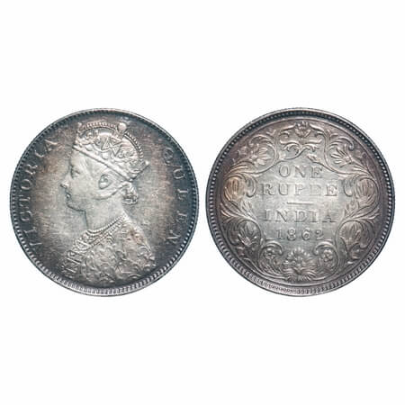 Victoria Queen, Silver, Rupee, 1862, Bombay Mint, D/II(i), Queens jabot has 5 panels, The 